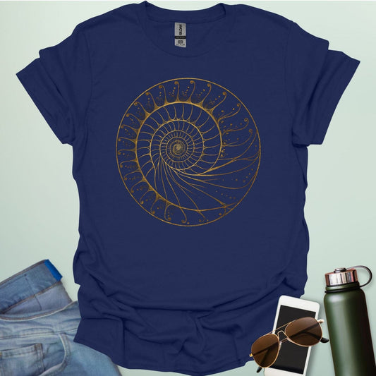 Elegant Fibonacci spiral t-shirt design, representing the golden ratio in a stylish artistic graphic.