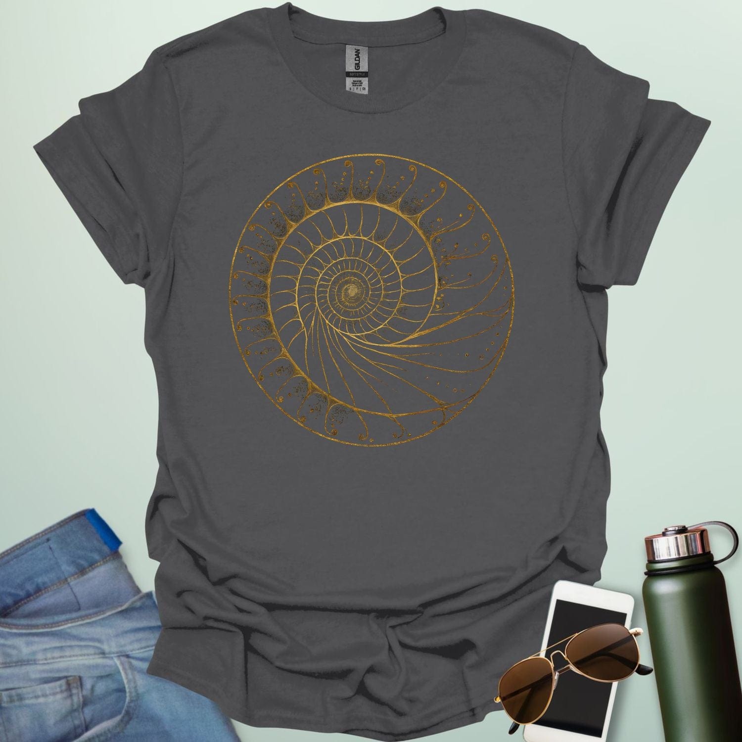Elegant Fibonacci spiral t-shirt design, representing the golden ratio in a stylish artistic graphic.