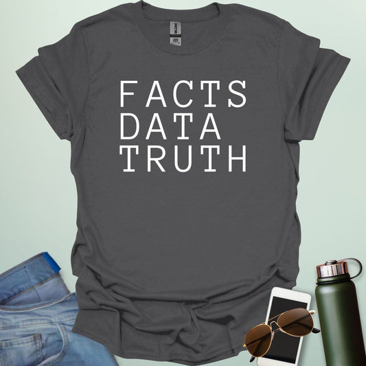 Minimalist typography design featuring the words "FACTS," "DATA," and "TRUTH" stacked vertically in a clean, black serif font.
