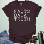 Minimalist typography design featuring the words "FACTS," "DATA," and "TRUTH" stacked vertically in a clean, black serif font.