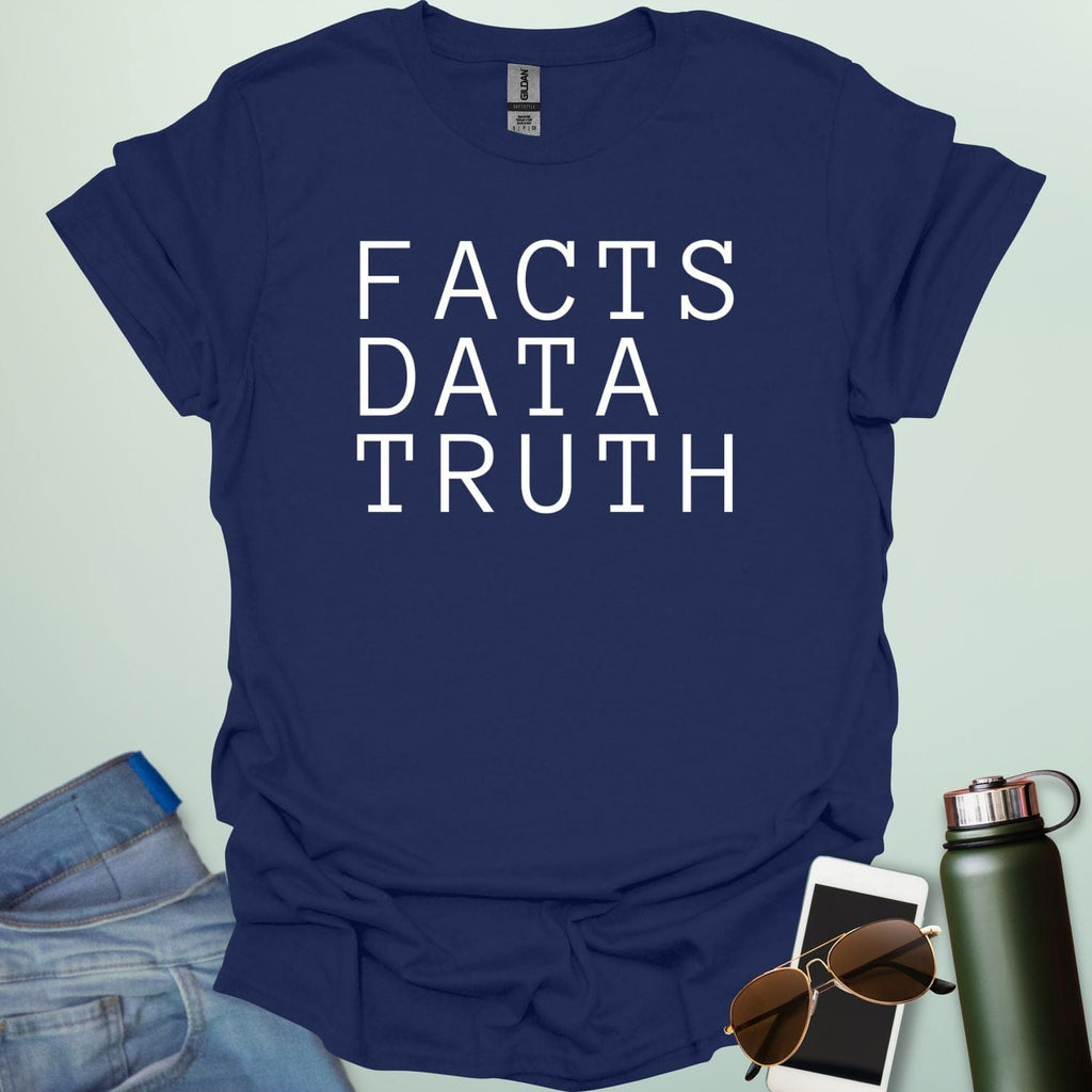 Minimalist typography design featuring the words "FACTS," "DATA," and "TRUTH" stacked vertically in a clean, black serif font.
