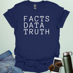 Minimalist typography design featuring the words "FACTS," "DATA," and "TRUTH" stacked vertically in a clean, black serif font.