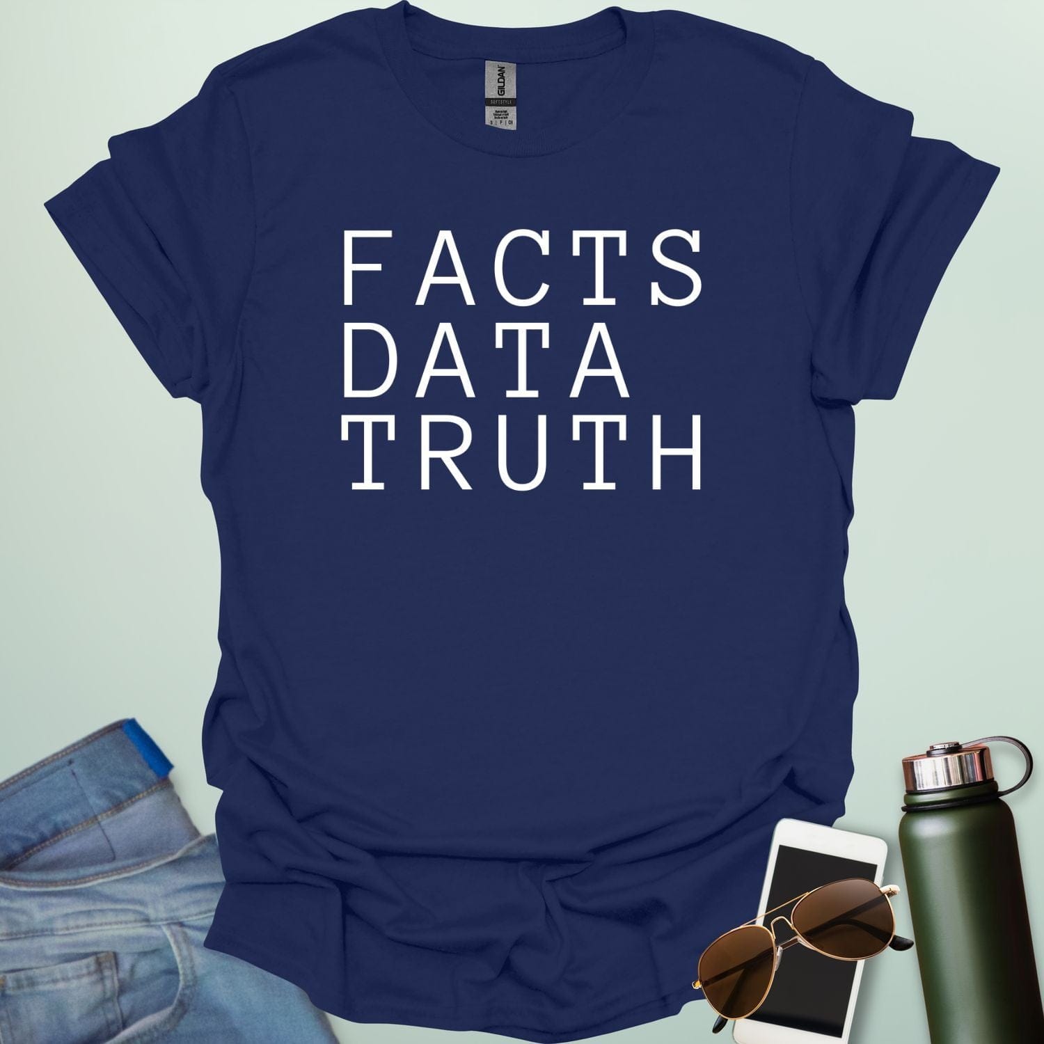 Minimalist typography design featuring the words "FACTS," "DATA," and "TRUTH" stacked vertically in a clean, black serif font.