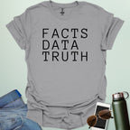 Minimalist typography design featuring the words "FACTS," "DATA," and "TRUTH" stacked vertically in a clean, black serif font.