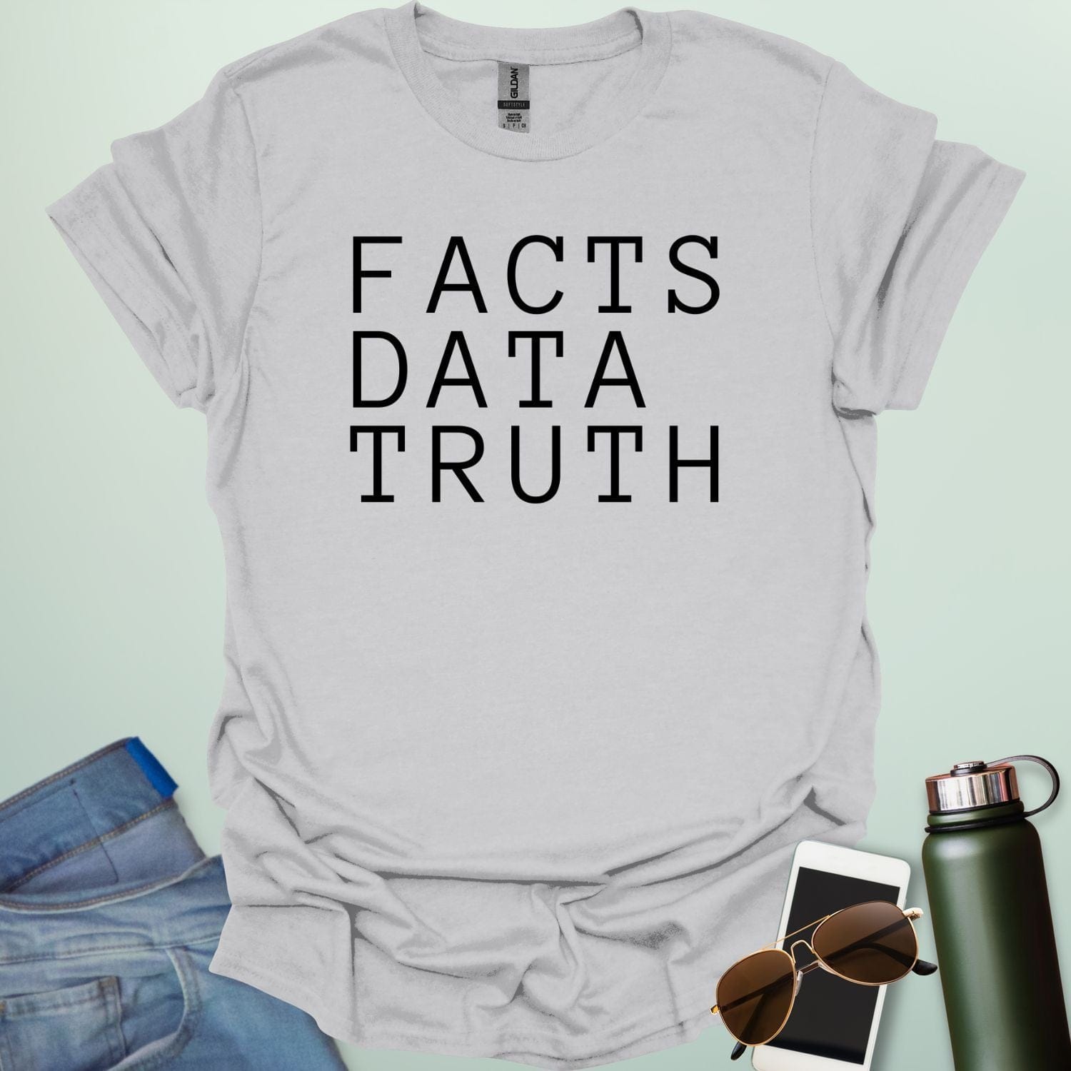 Minimalist typography design featuring the words "FACTS," "DATA," and "TRUTH" stacked vertically in a clean, black serif font.