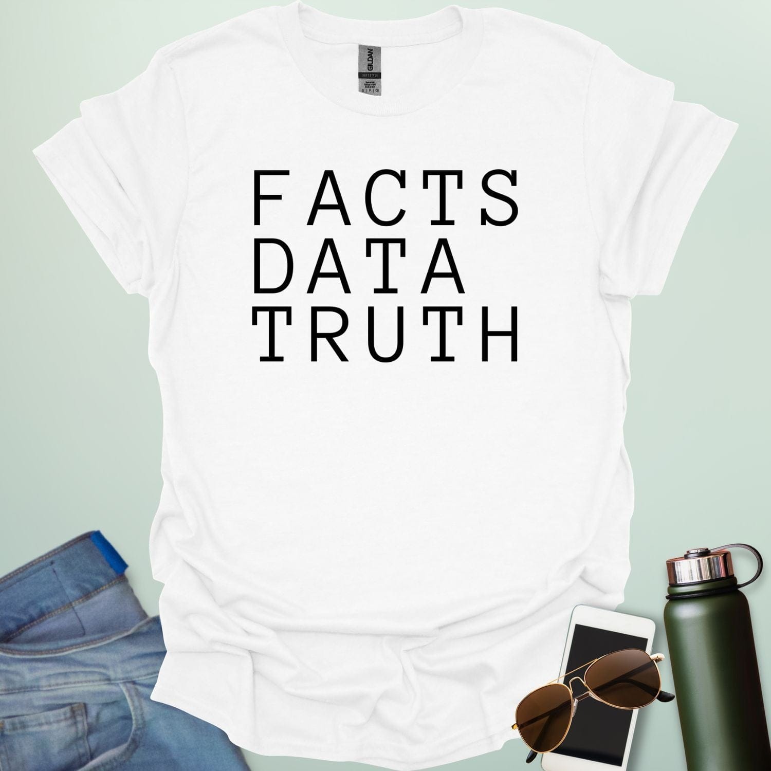 Minimalist typography design featuring the words "FACTS," "DATA," and "TRUTH" stacked vertically in a clean, black serif font.