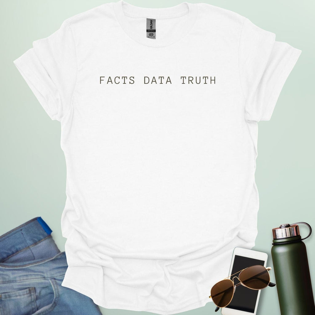 A minimalist typography design featuring the words "FACTS DATA TRUTH" arranged in a single horizontal line in a clean, serif font.