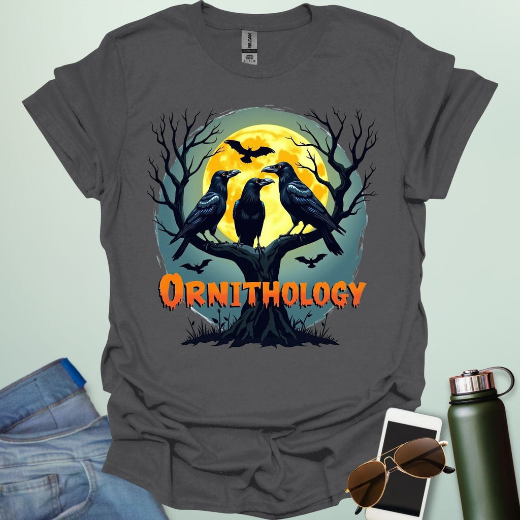 Ornithology Raven Halloween t-shirt featuring a raven perched with spooky Halloween elements — science & bird lover design.