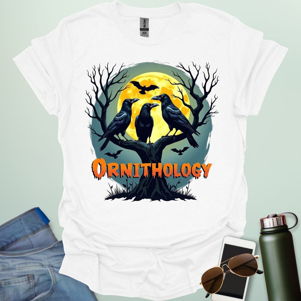 Ornithology Raven Halloween t-shirt featuring a raven perched with spooky Halloween elements — science & bird lover design.