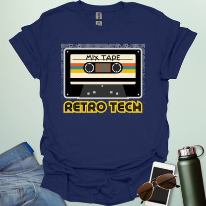 Retro cassette mix-tape graphic on tech-nostalgia tee with geometric patterns and 80s/90s style.