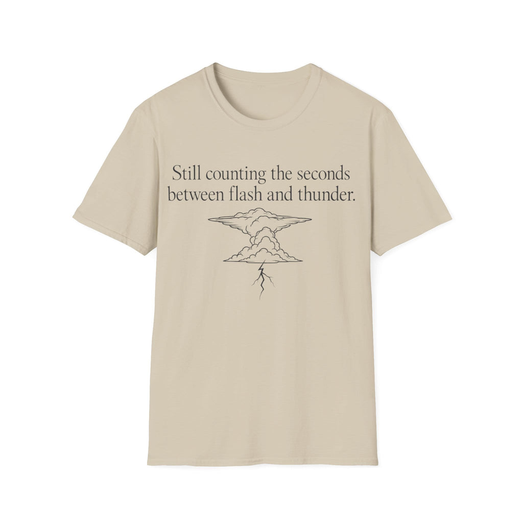 Minimalist serif text reading 'Still counting the seconds between flash and thunder.' positioned above a line art illustration of a storm cloud with a lightning bolt.