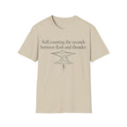 Minimalist serif text reading 'Still counting the seconds between flash and thunder.' positioned above a line art illustration of a storm cloud with a lightning bolt.