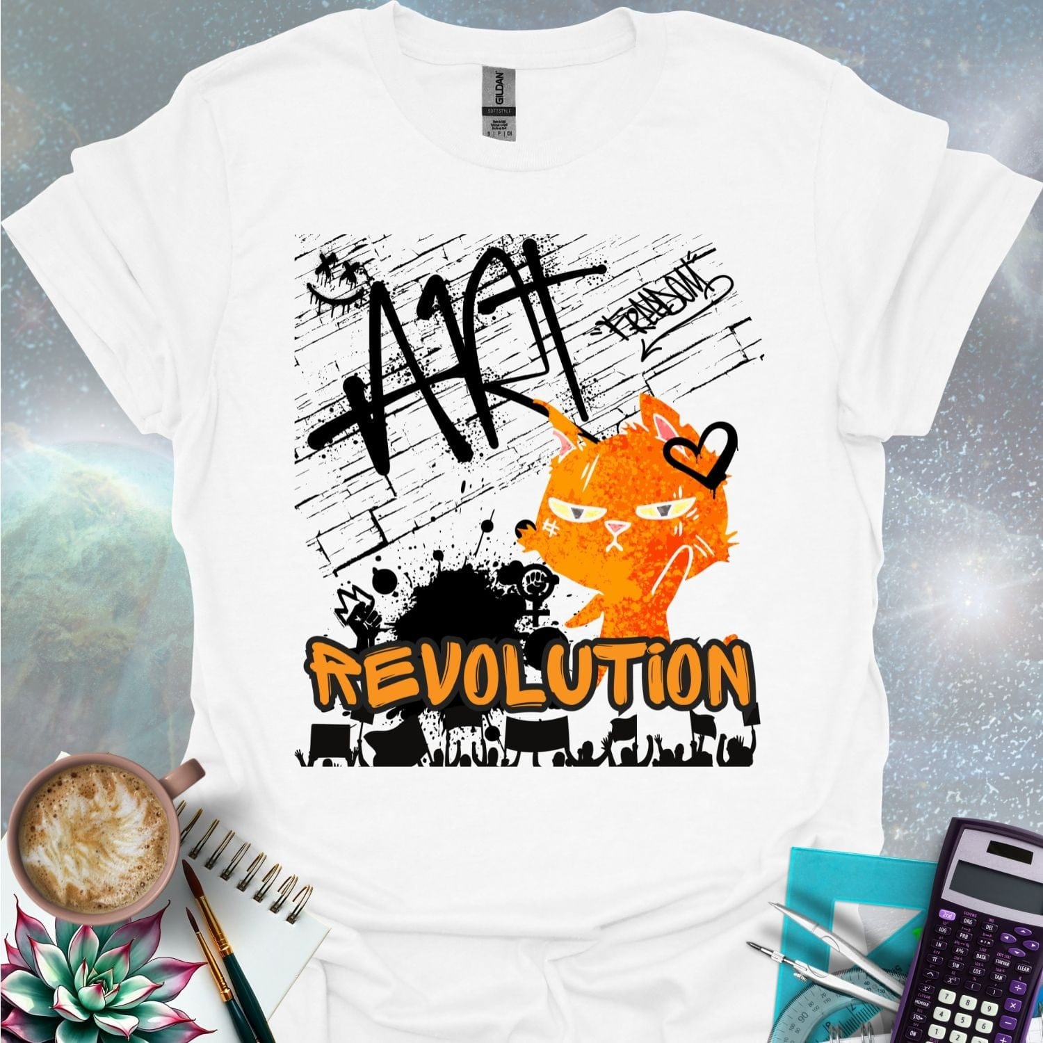 The word 'ART' in a bold, black graffiti style above an orange cartoon cat with a determined expression and a heart graphic. Below is the word 'REVOLUTION' in orange outlined in black, above a silhouette of a crowd holding signs.