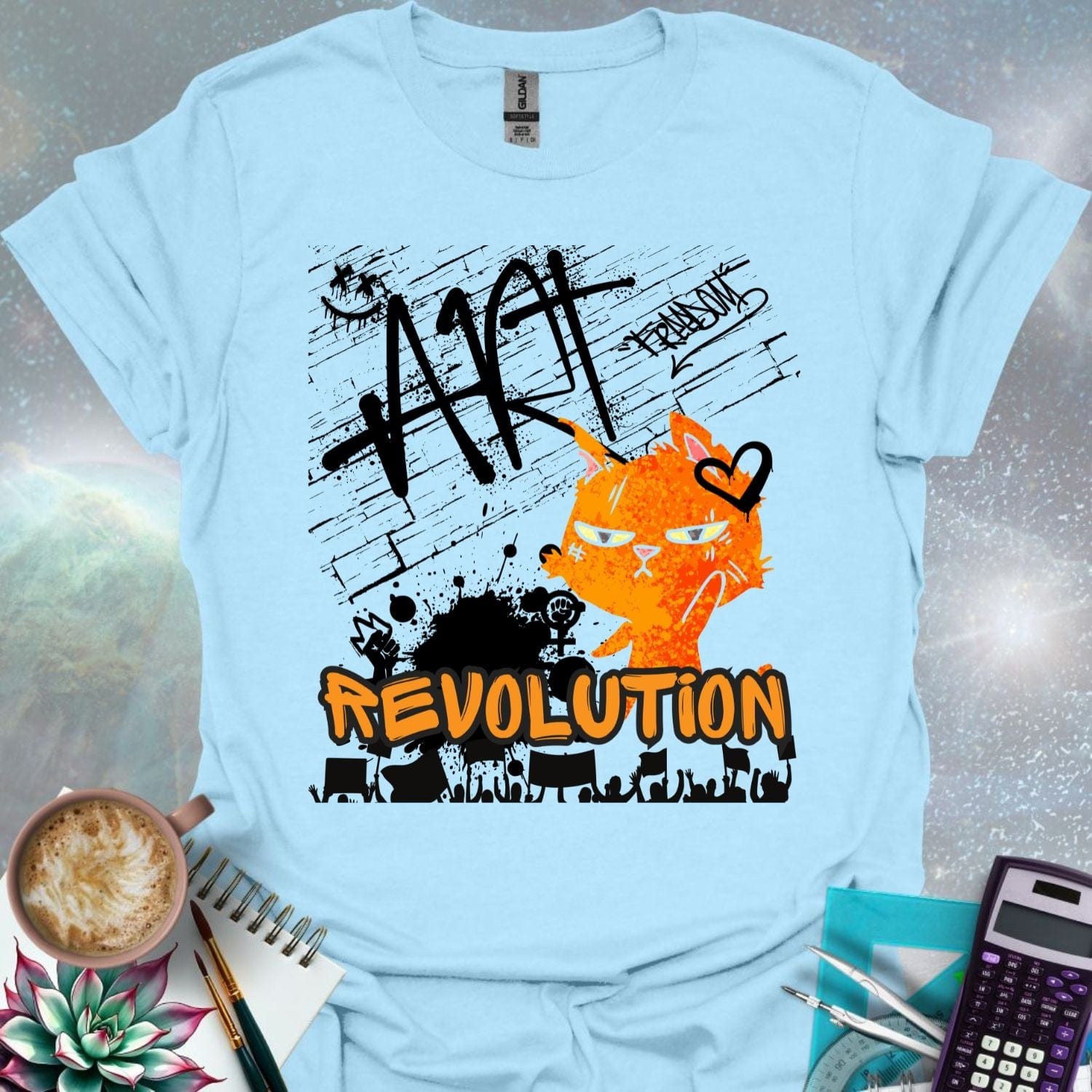 The word 'ART' in a bold, black graffiti style above an orange cartoon cat with a determined expression and a heart graphic. Below is the word 'REVOLUTION' in orange outlined in black, above a silhouette of a crowd holding signs.