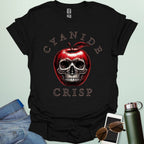 Cyanide Apple Crisp t-shirt featuring apple slice graphic with chemistry symbol/spoiler elements — a dark humor Halloween design for science lovers.