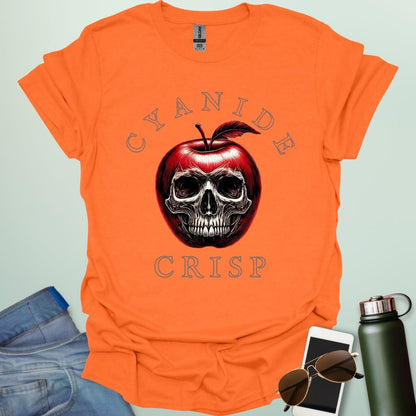 Cyanide Apple Crisp t-shirt featuring apple slice graphic with chemistry symbol/spoiler elements — a dark humor Halloween design for science lovers.