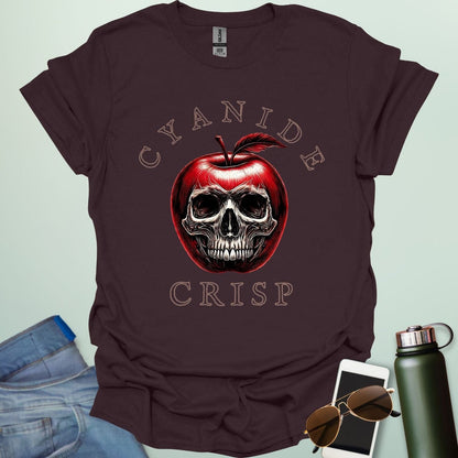 Cyanide Apple Crisp t-shirt featuring apple slice graphic with chemistry symbol/spoiler elements — a dark humor Halloween design for science lovers.