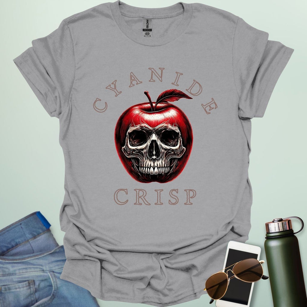 Cyanide Apple Crisp t-shirt featuring apple slice graphic with chemistry symbol/spoiler elements — a dark humor Halloween design for science lovers.