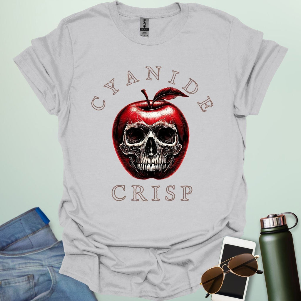 Cyanide Apple Crisp t-shirt featuring apple slice graphic with chemistry symbol/spoiler elements — a dark humor Halloween design for science lovers.