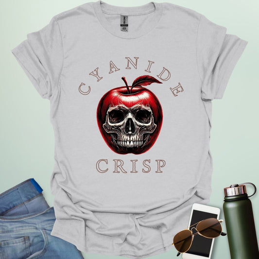 Cyanide Apple Crisp t-shirt featuring apple slice graphic with chemistry symbol/spoiler elements — a dark humor Halloween design for science lovers.