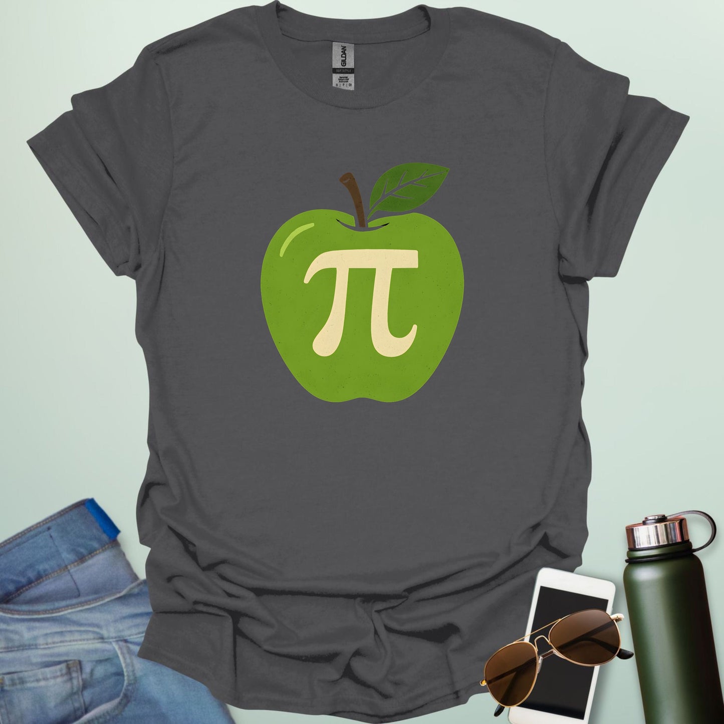 Apple Pi' t-shirt with a green apple graphic and a beige-colored Pi symbol inside.