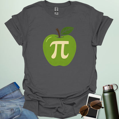 Apple Pi' t-shirt with a green apple graphic and a beige-colored Pi symbol inside.