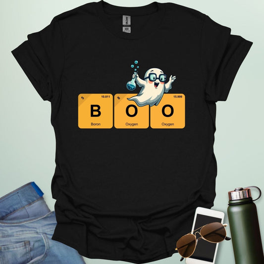 BOO Ghostly Compound t-shirt with bold text and spooky Halloween chemistry theme — funny STEM Halloween design.