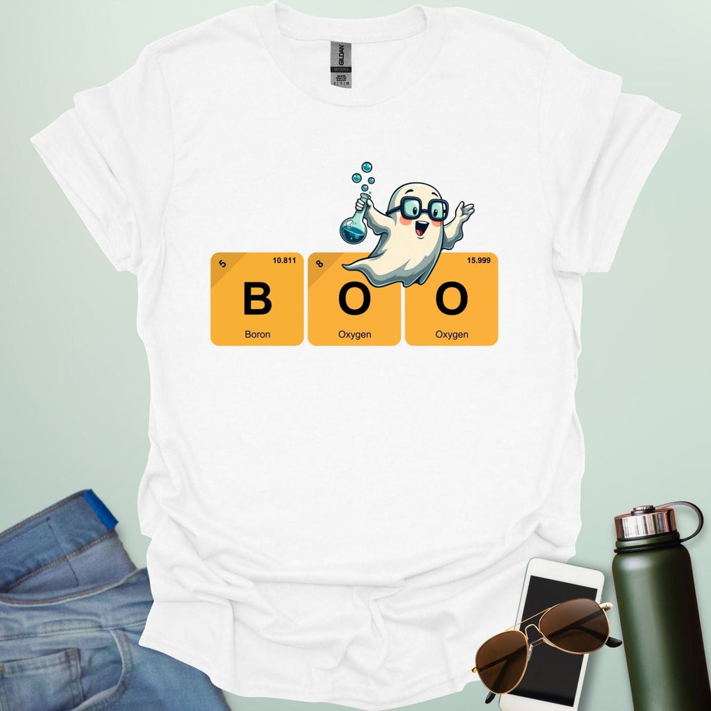 BOO Ghostly Compound t-shirt with bold text and spooky Halloween chemistry theme — funny STEM Halloween design.