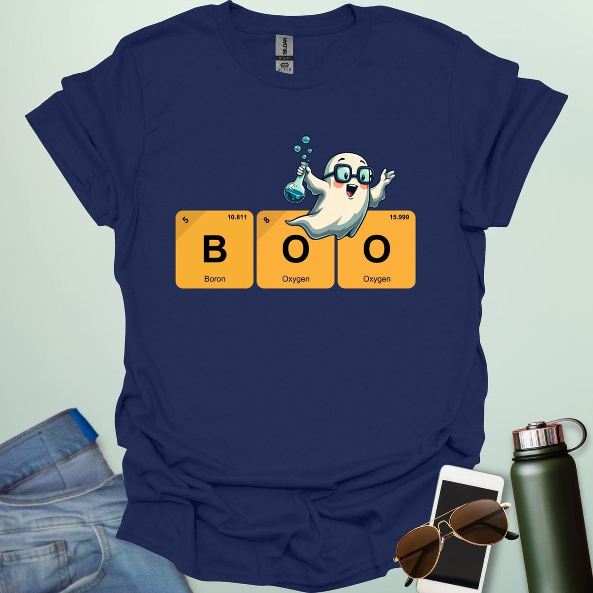 BOO Ghostly Compound t-shirt with bold text and spooky Halloween chemistry theme — funny STEM Halloween design.