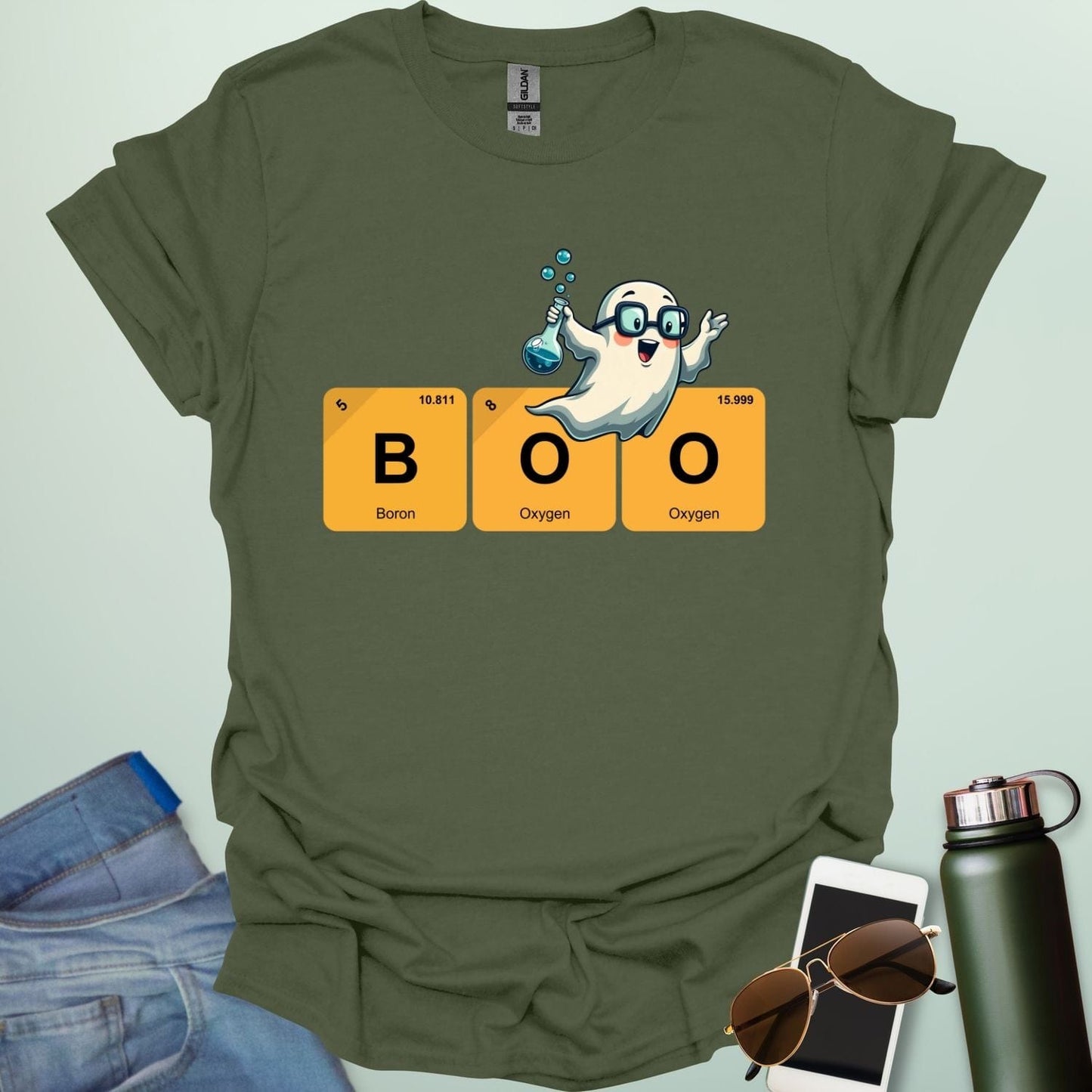 BOO Ghostly Compound t-shirt with bold text and spooky Halloween chemistry theme — funny STEM Halloween design.