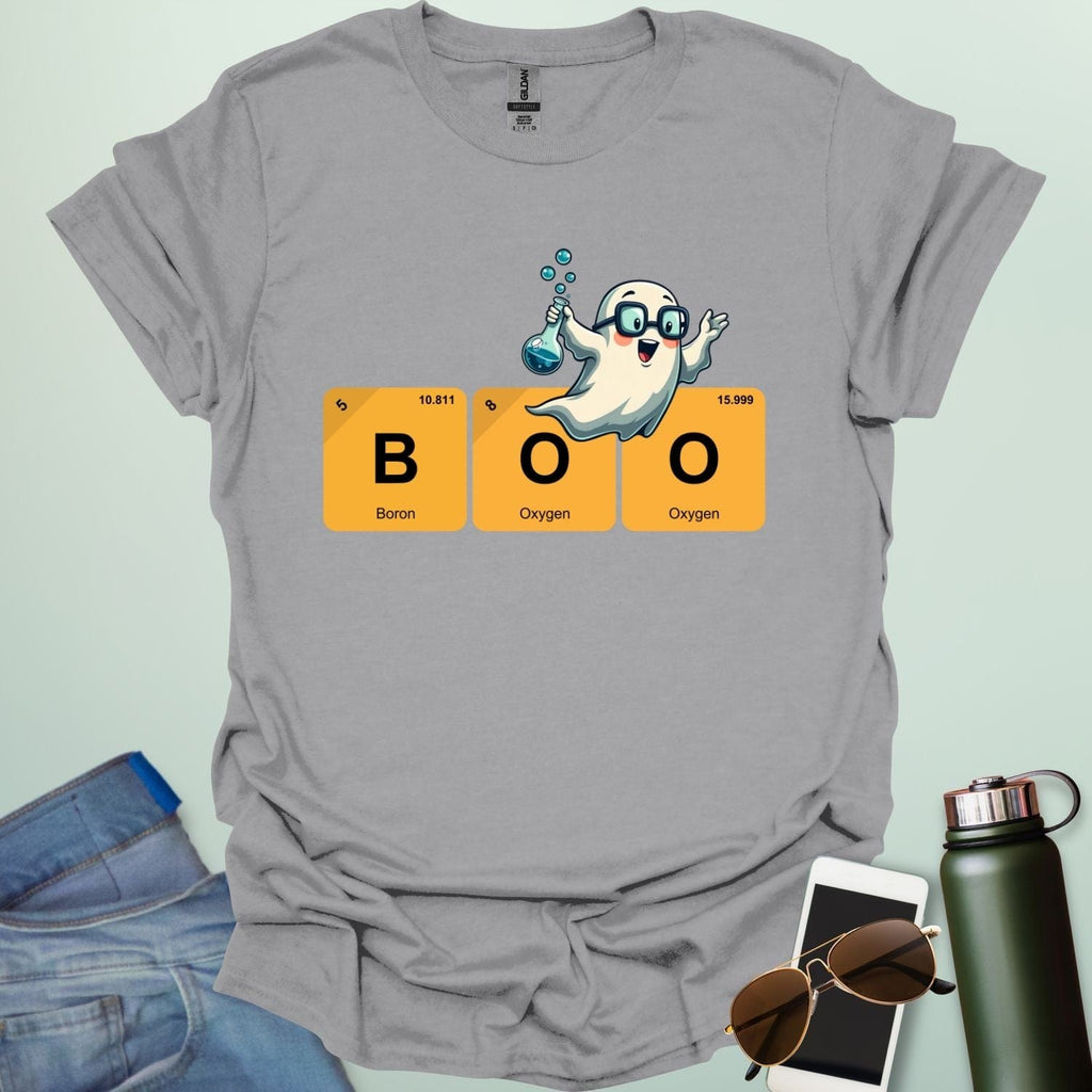 BOO Ghostly Compound t-shirt with bold text and spooky Halloween chemistry theme — funny STEM Halloween design.
