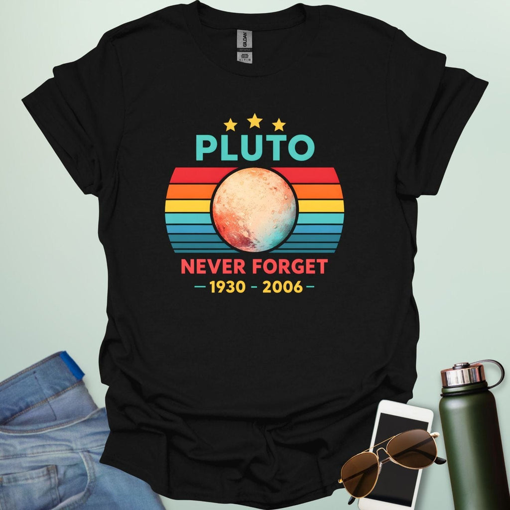 A retro-style graphic featuring the planet Pluto in front of a striped sunset background with the text "PLUTO NEVER FORGET — 1930 - 2006 —".