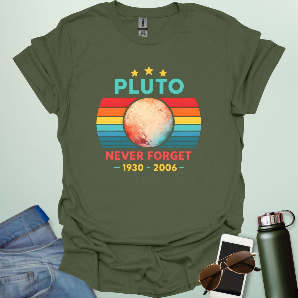 A retro-style graphic featuring the planet Pluto in front of a striped sunset background with the text "PLUTO NEVER FORGET — 1930 - 2006 —".