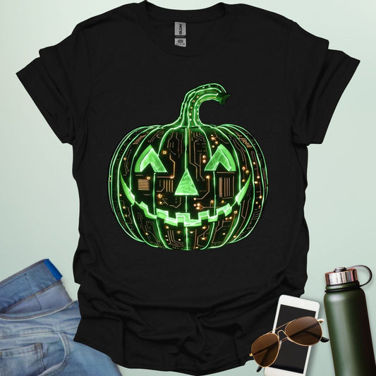 Pumpkin Tech t-shirt with glowing green jack-o-lantern circuit board design — Halloween STEM geek apparel.