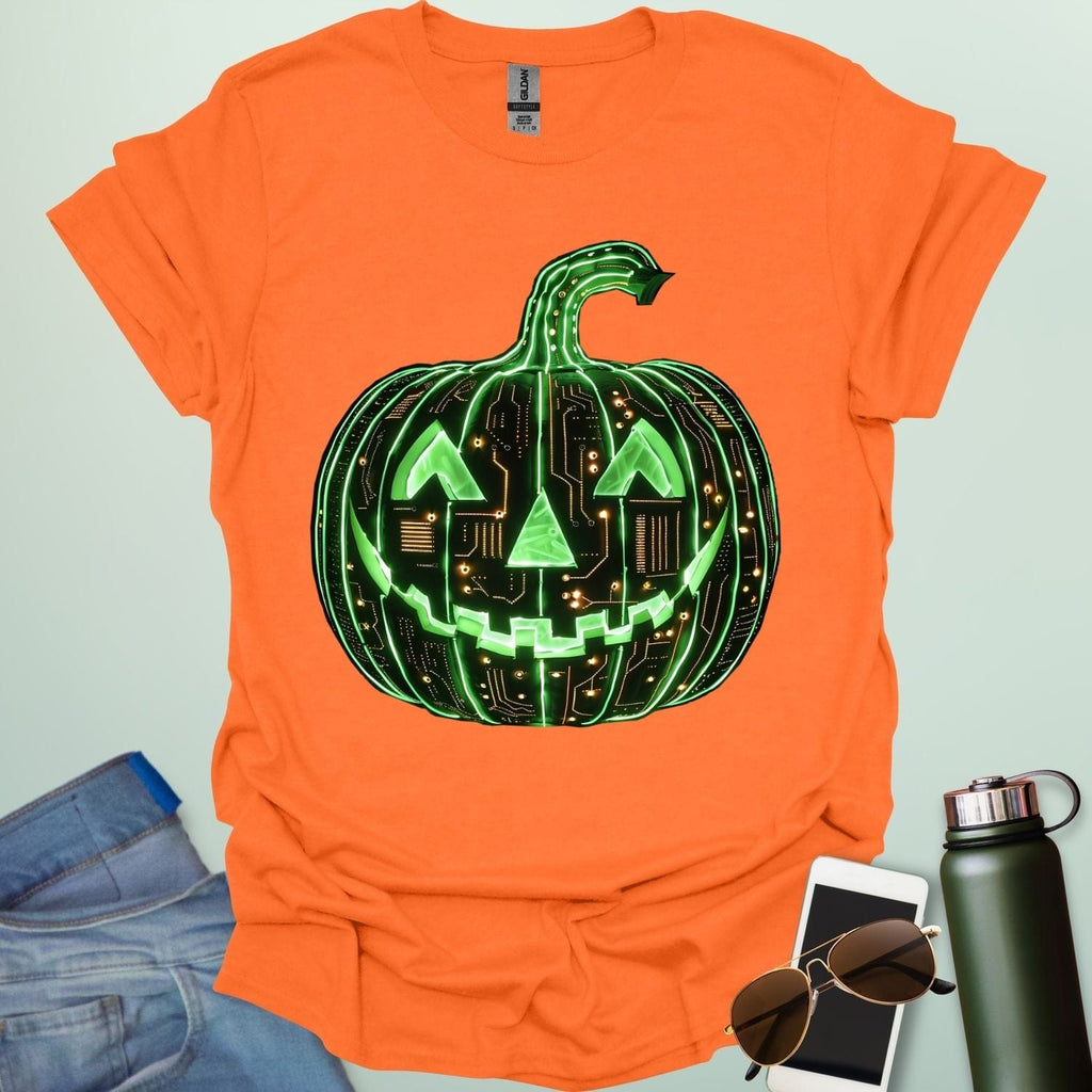 Pumpkin Tech t-shirt with glowing green jack-o-lantern circuit board design — Halloween STEM geek apparel.