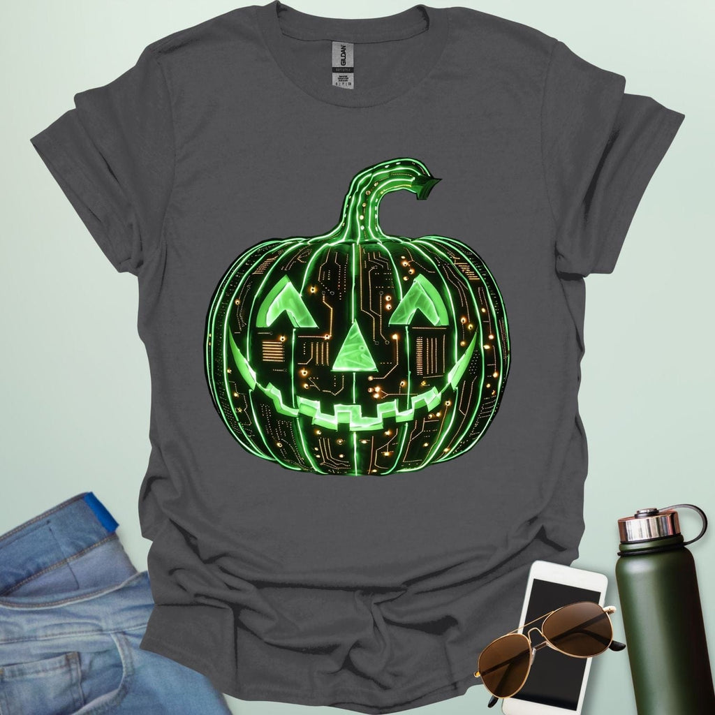 Pumpkin Tech t-shirt with glowing green jack-o-lantern circuit board design — Halloween STEM geek apparel.