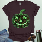Pumpkin Tech t-shirt with glowing green jack-o-lantern circuit board design — Halloween STEM geek apparel.