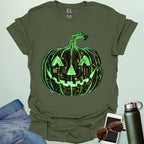 Pumpkin Tech t-shirt with glowing green jack-o-lantern circuit board design — Halloween STEM geek apparel.