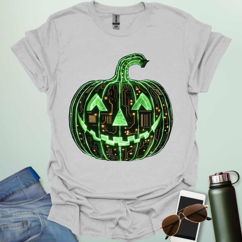 Pumpkin Tech t-shirt with glowing green jack-o-lantern circuit board design — Halloween STEM geek apparel.