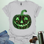 Pumpkin Tech t-shirt with glowing green jack-o-lantern circuit board design — Halloween STEM geek apparel.