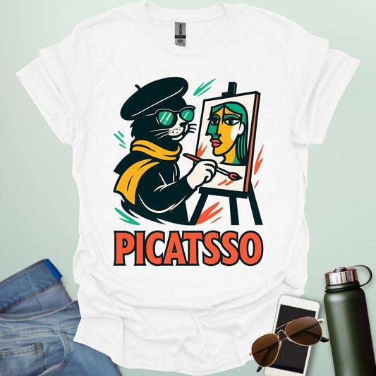 A white t-shirt with a cartoon of a cat painting a Picasso-style portrait on an easel and the text 'PICATSSO' below.