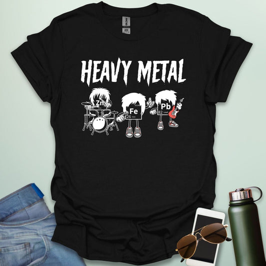 A black shirt with a cartoon graphic of three chemical elements—Zn, Fe, and Pb—dressed as a heavy metal rock band with the text 'HEAVY METAL' above them.
