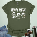 A military green t-shirt with a cartoon graphic of three chemical elements—Zn, Fe, and Pb—dressed as a heavy metal rock band with the text 'HEAVY METAL' above them.