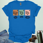 A royal blue t-shirt design with three periodic table elements: Mo (Molybdenum), Th (Thorium), and Er (Erbium), with humorous descriptions underneath.