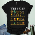 'Women in Science' tribute t-shirt with icons and names of famous female scientists.