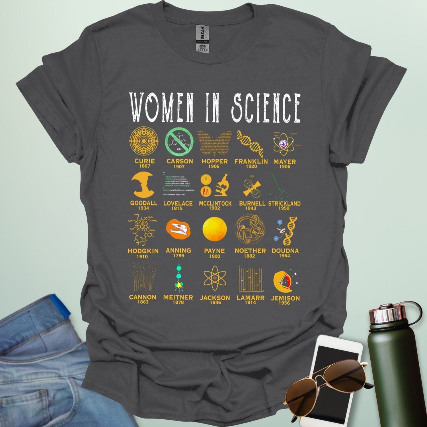'Women in Science' tribute t-shirt with icons and names of famous female scientists.