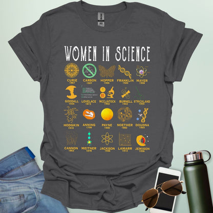 'Women in Science' tribute t-shirt with icons and names of famous female scientists.