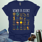 'Women in Science' tribute t-shirt with icons and names of famous female scientists.