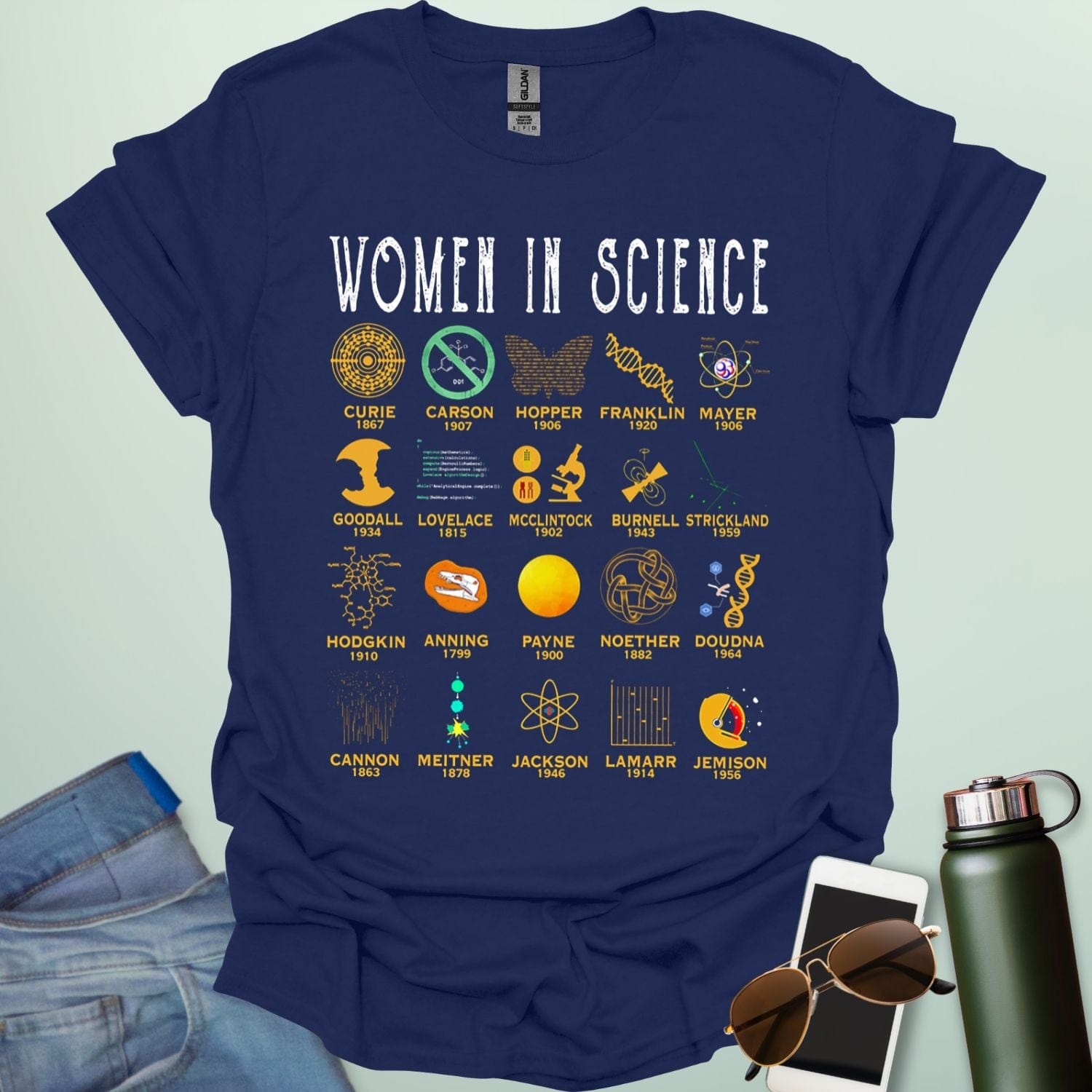 'Women in Science' tribute t-shirt with icons and names of famous female scientists.