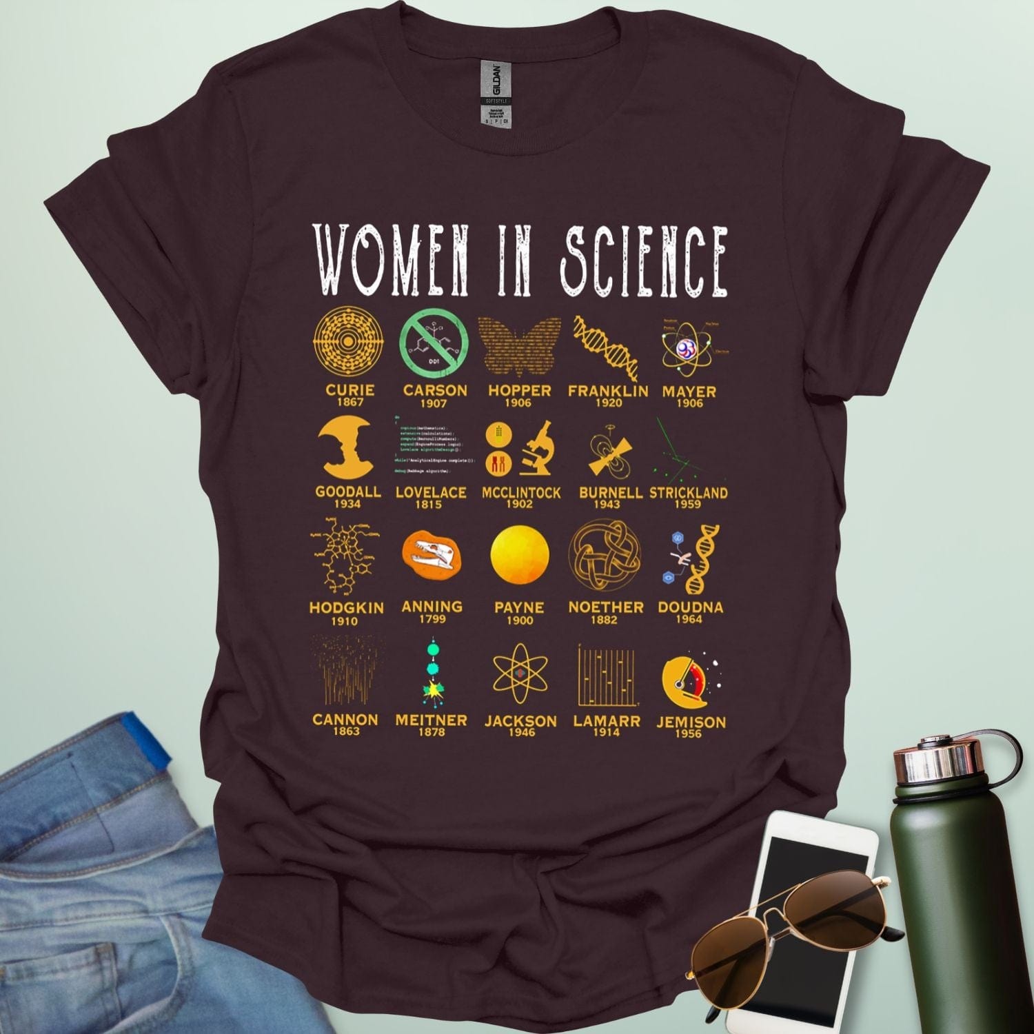 'Women in Science' tribute t-shirt with icons and names of famous female scientists.